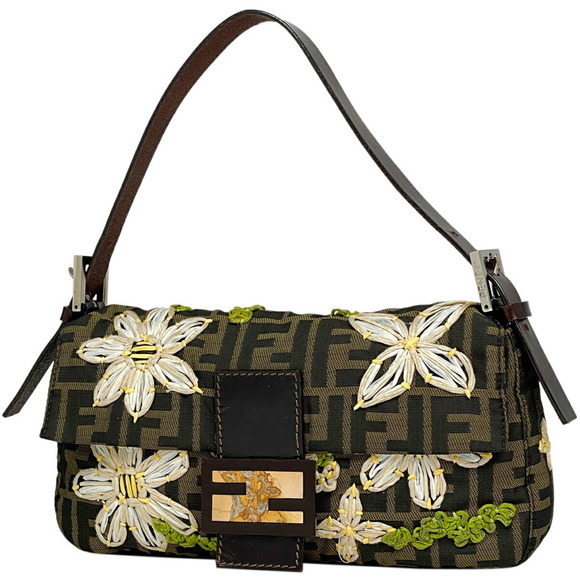 Fendi Handbags - Fendi Zucca Mamma Bucket Floral Flower embroidered flower shoulder bag brown